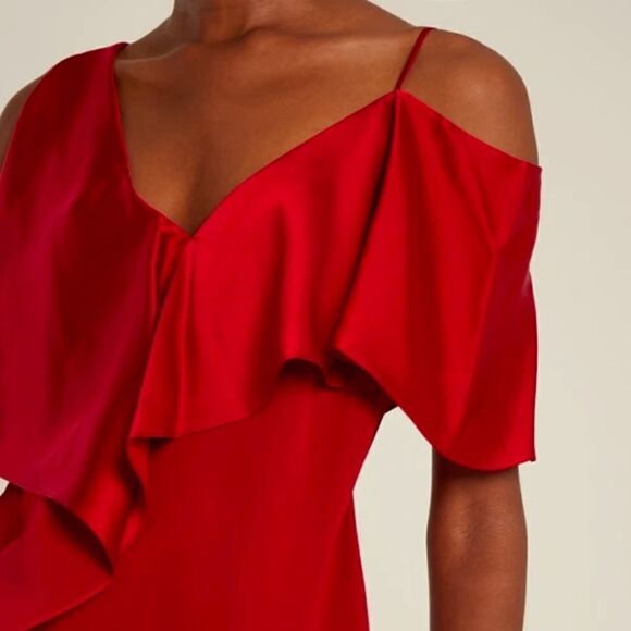 DIANE Von Furstenberg DVF Off-Shoulder Asymmetrical Red Silk Dress - Picture 3 of 4